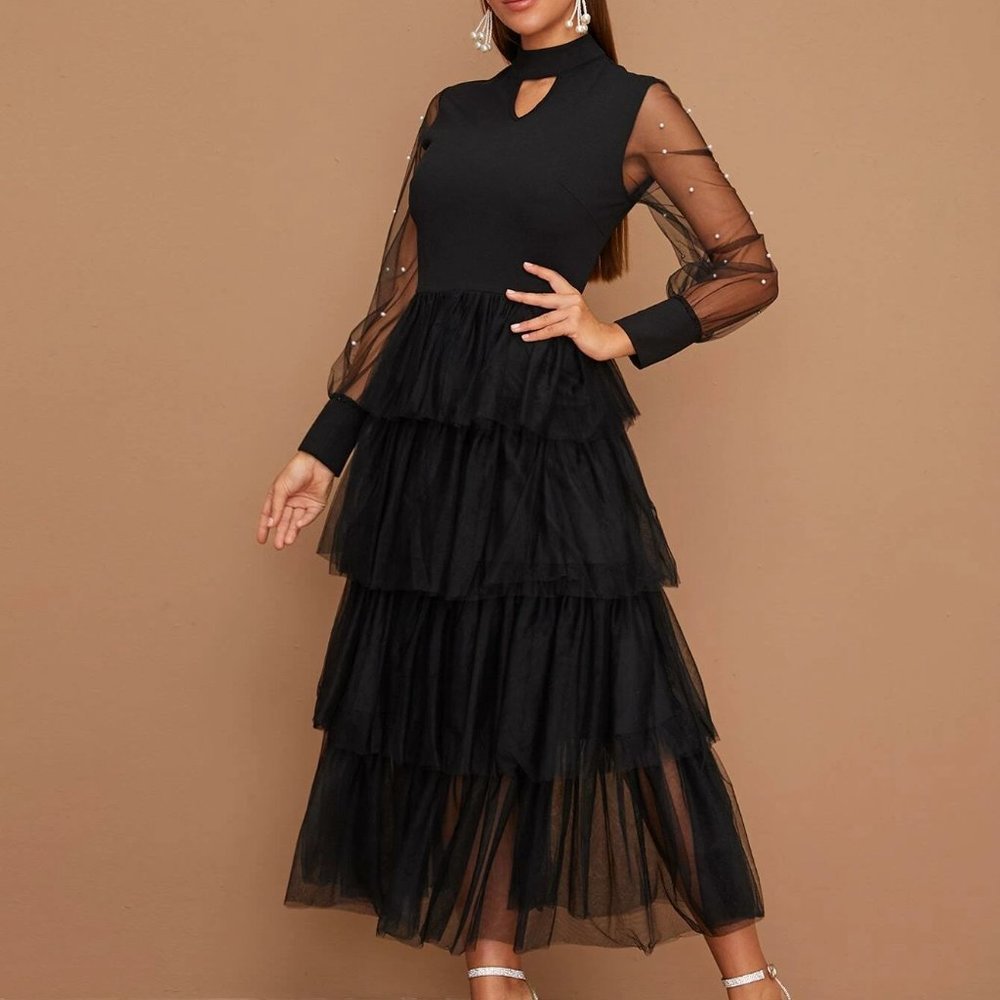 Black Preppy Womens Beaded Sheer Sleeve Layered Mesh Hem Peekaboo Dress - Picture 4 of 5